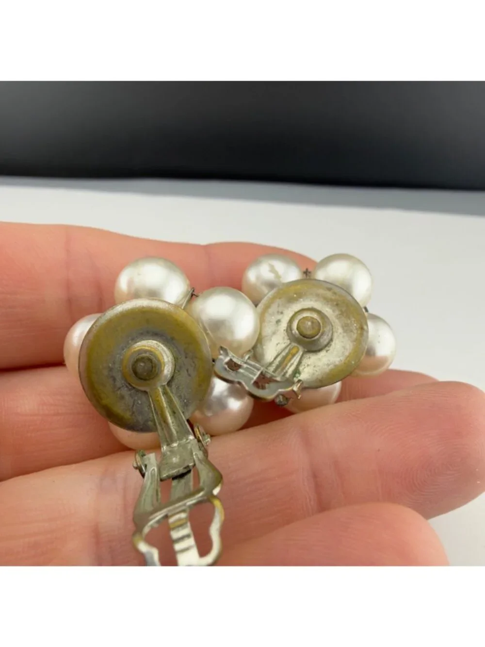 Vintage Clip-On Earrings Set Faux Pearls Green Art Glass Flower Cluster MCM
